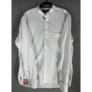 PAUL FREDERICK White & Colorful Long Staple Cotton Band Collar Shirt Men L